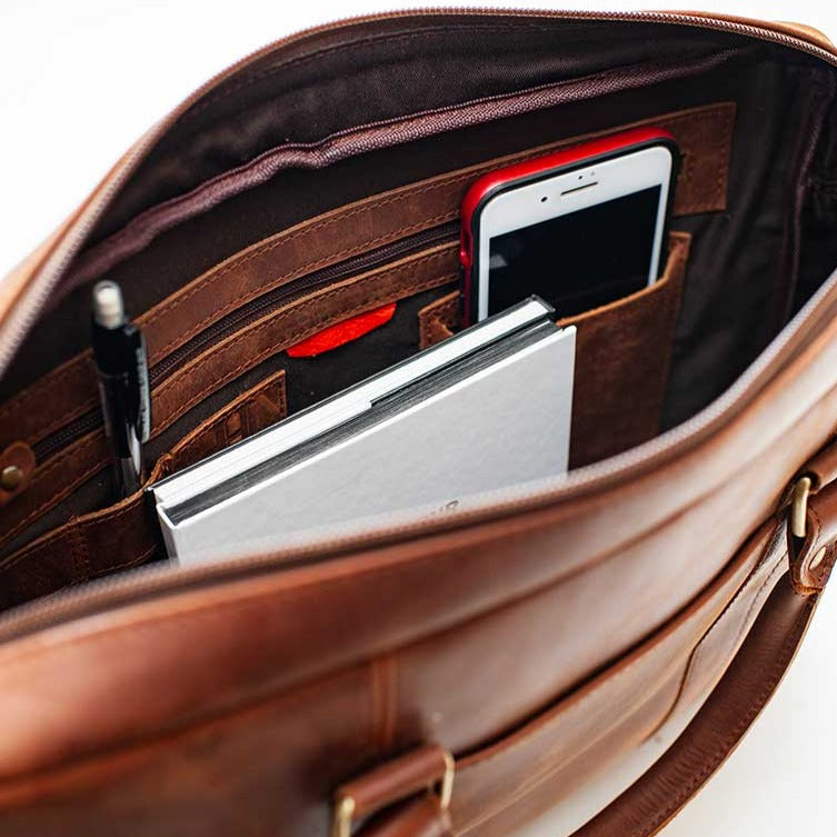 Slim Leather Briefcase 15" - Saddle Brown