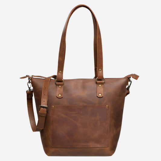 Crossbody Leather Tote - Saddle Brown Verified Leather
