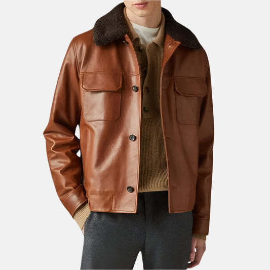 Brown Shearling Collar Leather Jacket