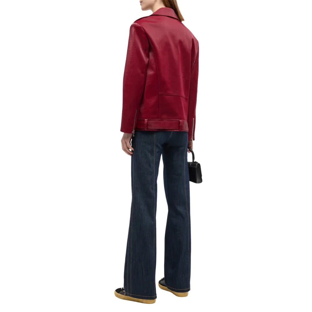 Womens Maroon Leather Asymmetrical Jacket Verified Leather