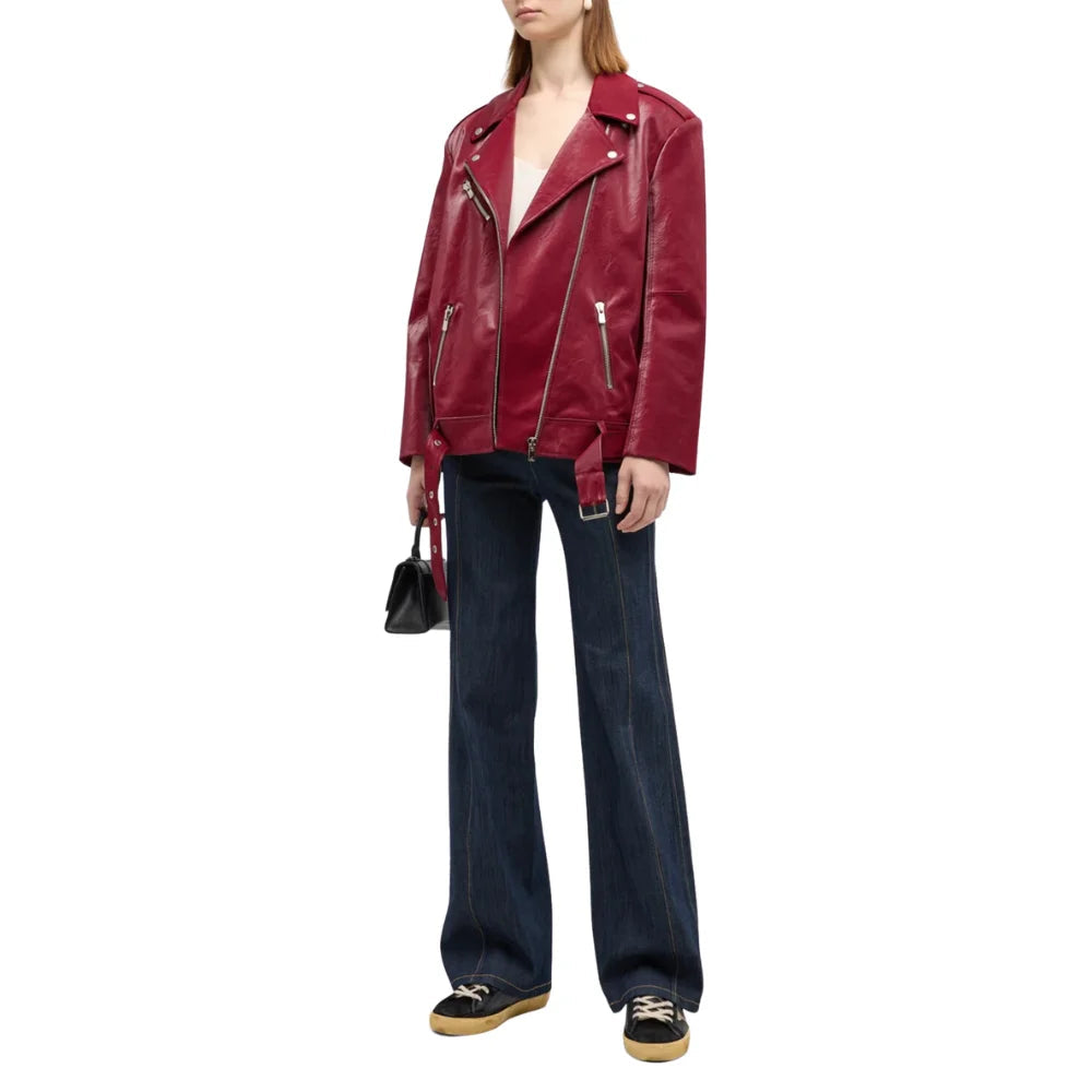 Womens Maroon Leather Asymmetrical Jacket Verified Leather