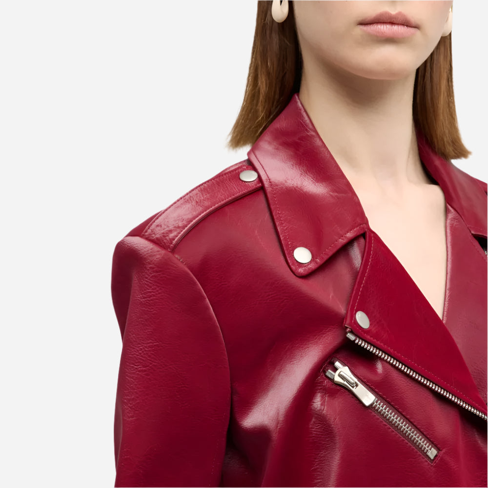 Womens Maroon Leather Asymmetrical Jacket Verified Leather