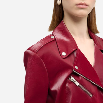 Womens Maroon Leather Asymmetrical Jacket Verified Leather