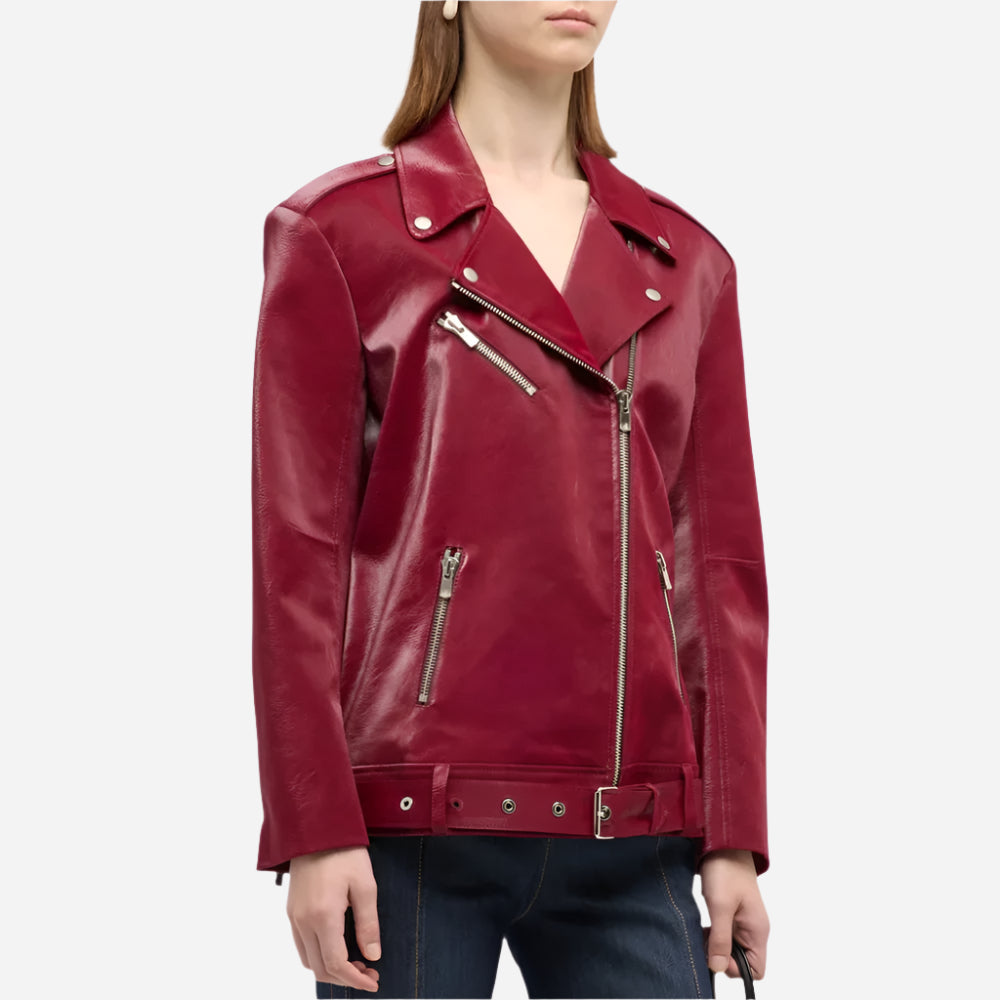 Womens Maroon Leather Asymmetrical Jacket Verified Leather