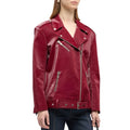 Womens Maroon Genuine Leather Asymmetrical Jacket