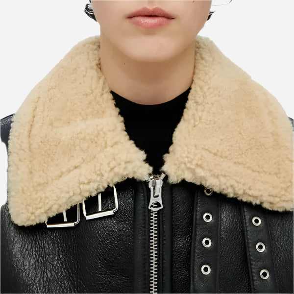 Womens Black Aviator Shearling Leather Jacket