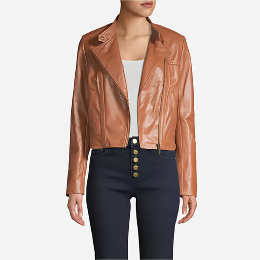 Katherine Brown Leather Moto Cropped Jacket