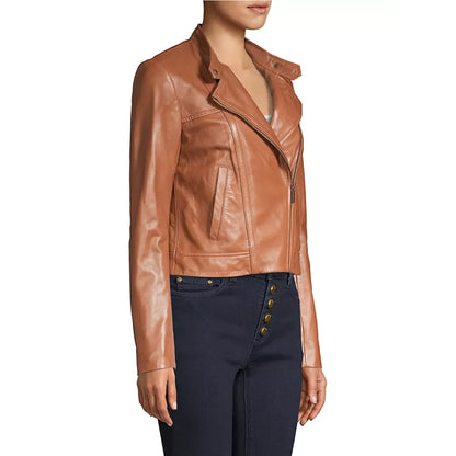 Katherine Brown Leather Moto Cropped Jacket