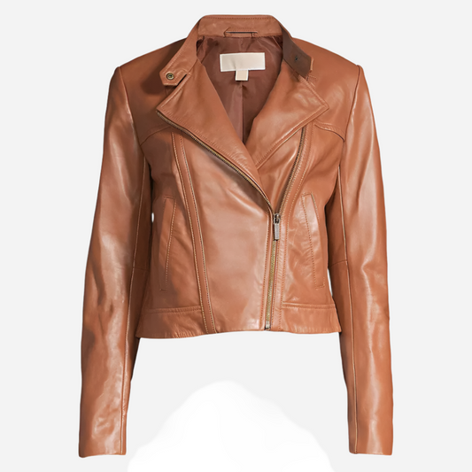 Katherine Brown Leather Moto Cropped Jacket
