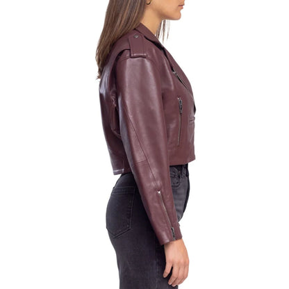 Womens Maroon Real Leather Cropped Jacket