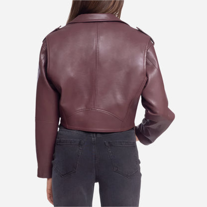 Womens Maroon Real Leather Cropped Jacket