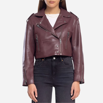 Womens Maroon Real Leather Cropped Jacket