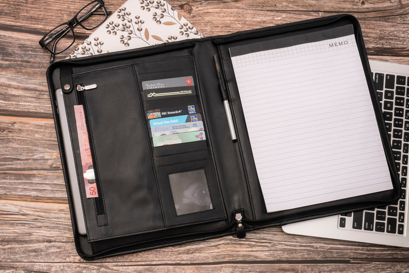 Zip-Up Leather Padfolio - Black