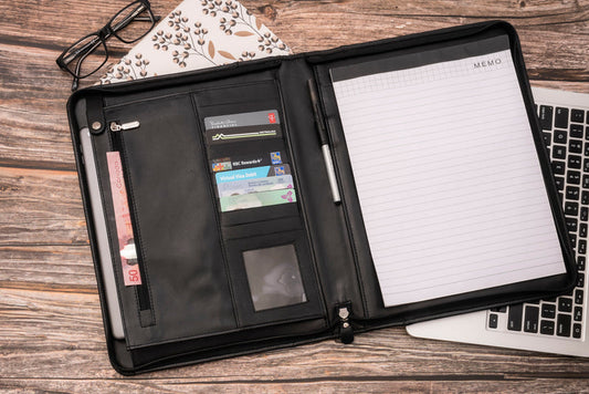 Zip-Up Leather Padfolio - Black Verified Leather