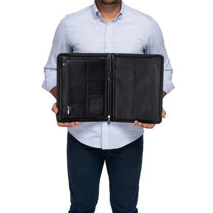 Zip-Up Leather Padfolio - Black