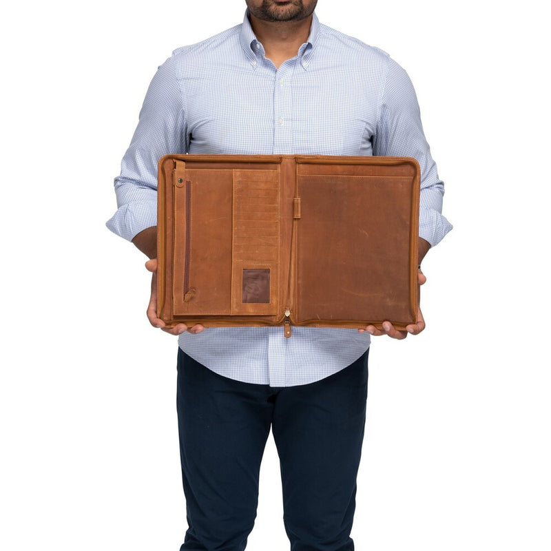 Zip-Up Leather Padfolio - Saddle Verified Leather